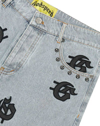 Godspeed Infinity Denim Shorts blue with all-over black G-logo print,front detailed