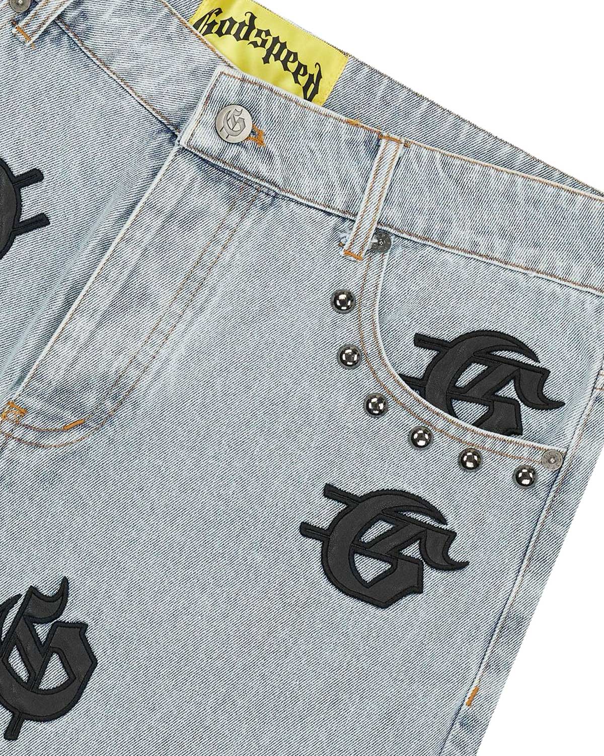 Godspeed Infinity Denim Shorts blue with all-over black G-logo print,front detailed