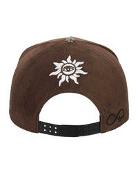 Godspeed Insignia Leather/Suede Hat chocolate brown and black, back view with the embroidered sun-and-eye insignia above the adjustable leather strap
