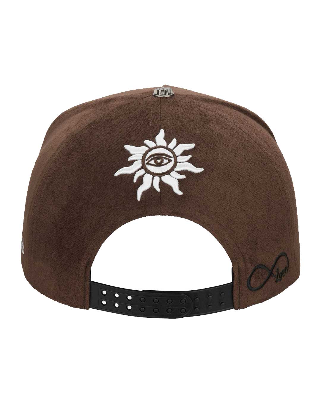 Godspeed Insignia Leather/Suede Hat chocolate brown and black, back view with the embroidered sun-and-eye insignia above the adjustable leather strap