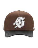 Godspeed Insignia Leather/Suede Hat chocolate brown and black, brown suede cap with a black leather brim and white embroidered Gothic G, front view