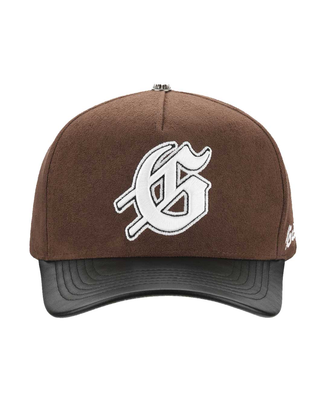 Godspeed Insignia Leather/Suede Hat chocolate brown and black, brown suede cap with a black leather brim and white embroidered Gothic G, front view