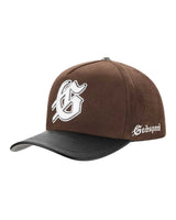 Godspeed Insignia Leather/Suede Hat chocolate brown and black, side profile showing the Godspeed script panel and curved leather brim