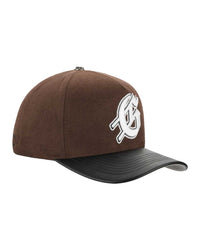 Godspeed Insignia Leather/Suede Hat chocolate brown and black, angled side view showing the suede crown and Gothic G