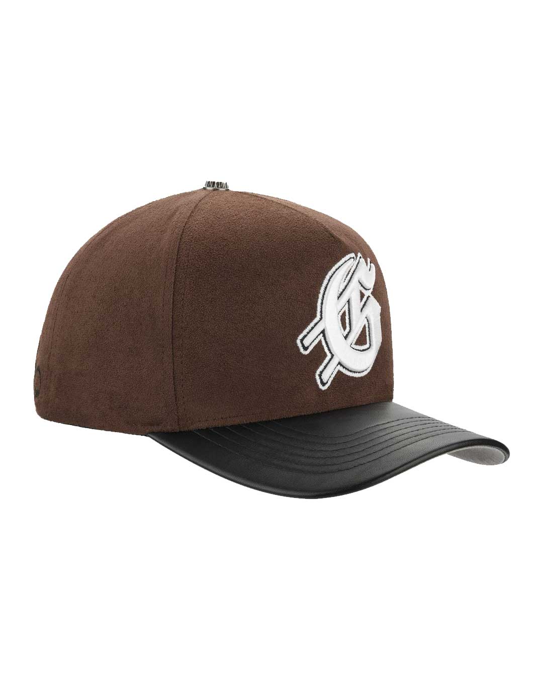 Godspeed Insignia Leather/Suede Hat chocolate brown and black, angled side view showing the suede crown and Gothic G