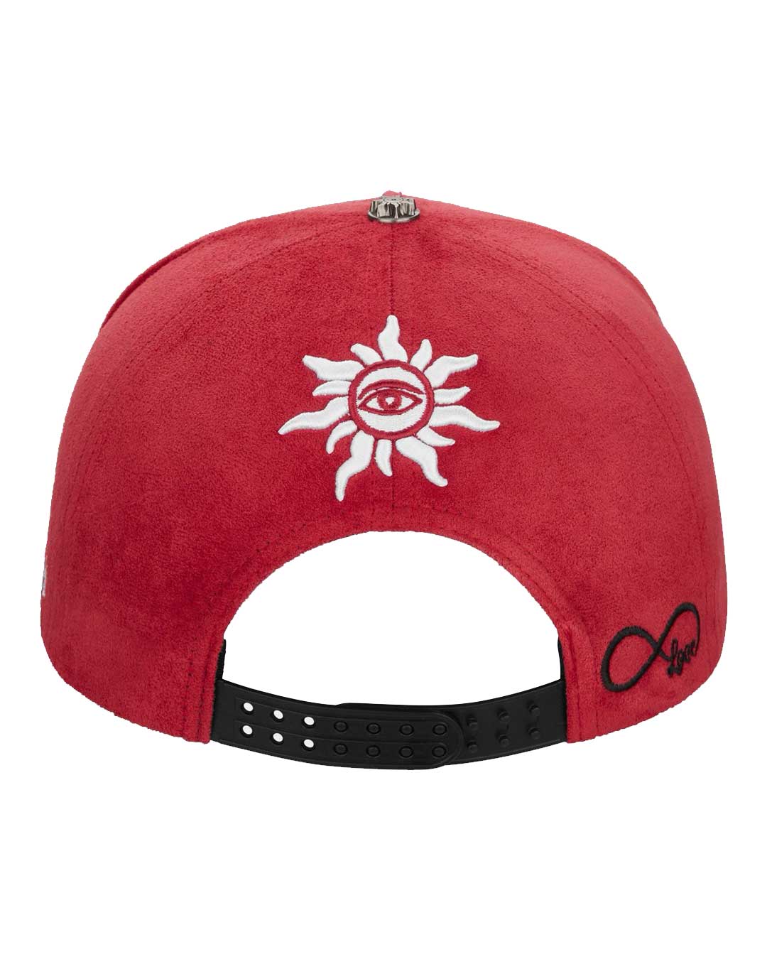 Godspeed Insignia Leather/Suede Hat red and black, back view with the embroidered sun-and-eye insignia above the adjustable leather strap