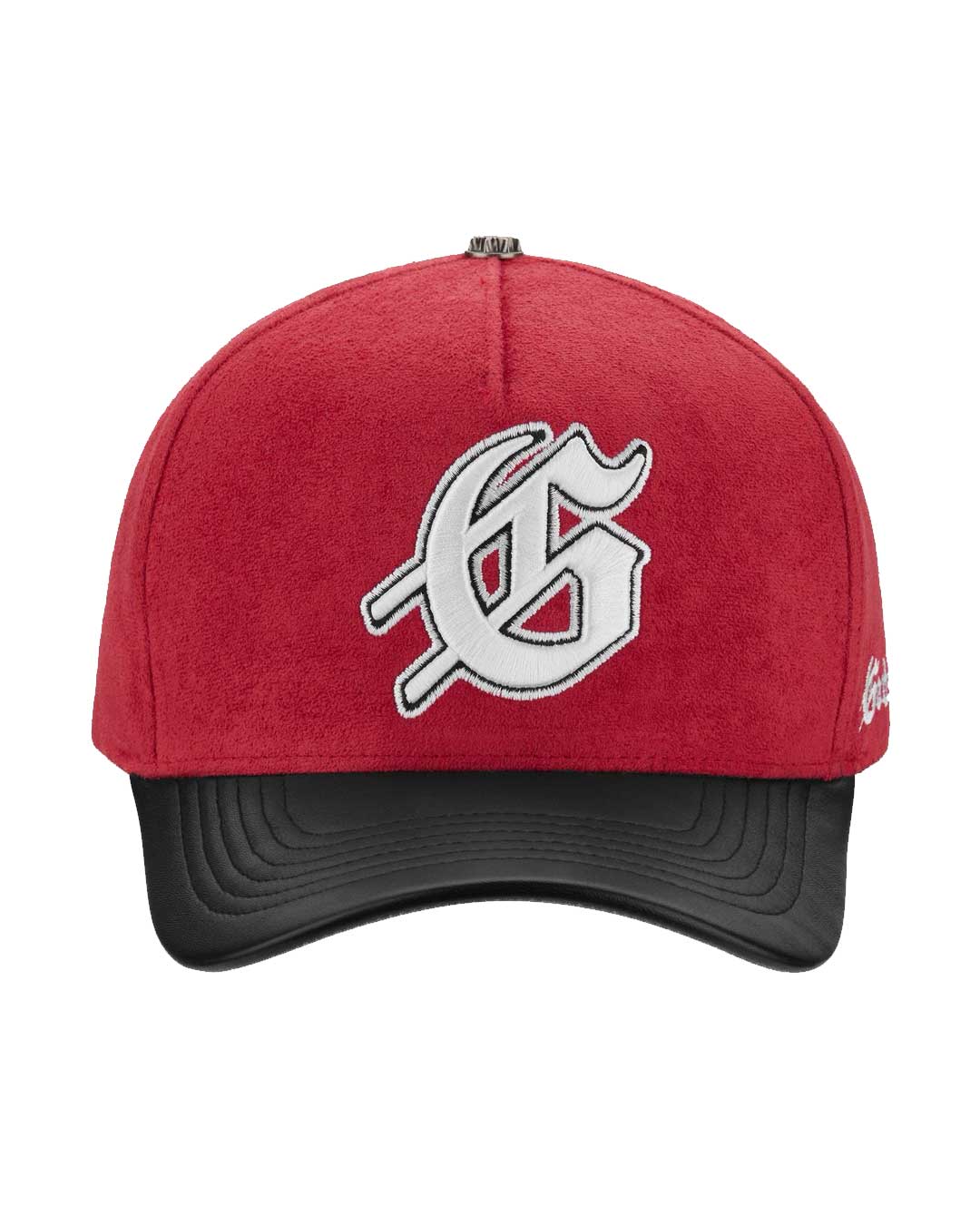 Godspeed Insignia Leather/Suede Hat red and black, red suede cap with a black leather brim and white embroidered Gothic G, front view