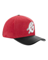 Godspeed Insignia Leather/Suede Hat red and black, side profile showing the suede crown and curved leather brim
