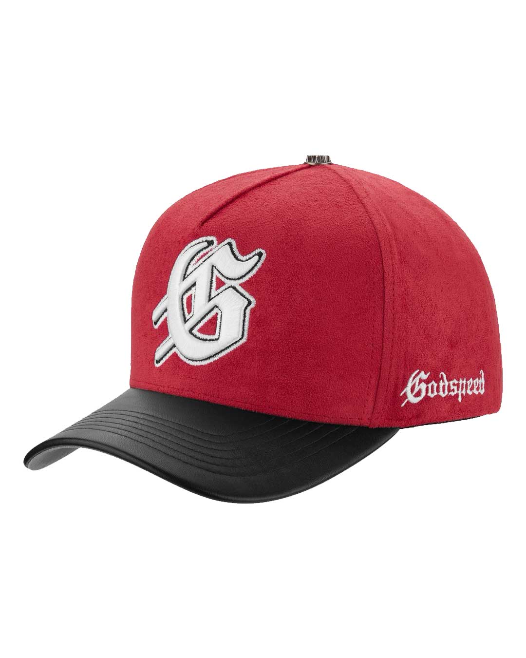 Godspeed Insignia Leather/Suede Hat red and black, angled front view showing the Gothic G and the Godspeed script side panel