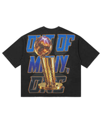 Godspeed Liberty Reigns Tee black, back view with OUT OF MANY, ONE lettering and a gold championship trophy