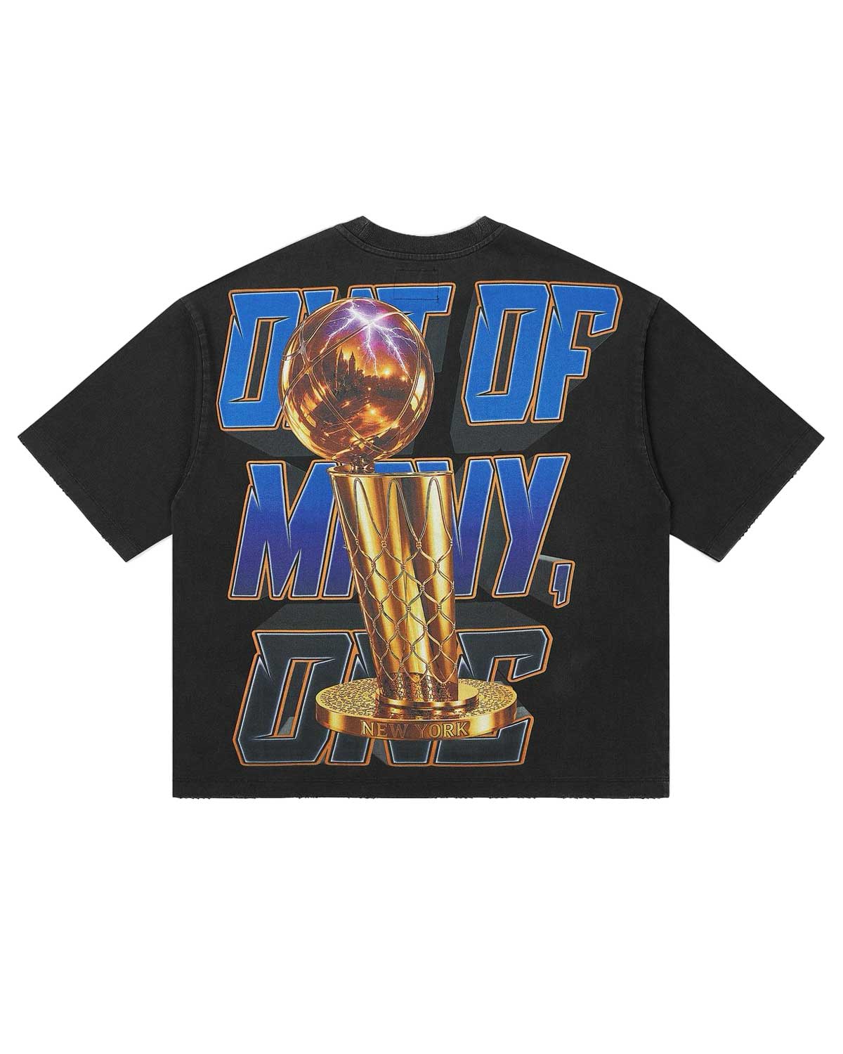 Godspeed Liberty Reigns Tee black, back view with OUT OF MANY, ONE lettering and a gold championship trophy