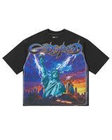 Godspeed Liberty Reigns Tee black, cotton tee with Statue of Liberty and lightning storm graphic, front view