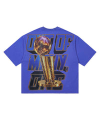 Godspeed Liberty Reigns Tee Blue, back view with a gold trophy and OUT OF MANY, ONE lettering