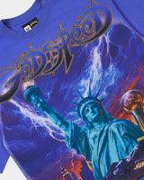 Godspeed Liberty Reigns Tee Blue, close-up of the Statue of Liberty and chrome Godspeed print