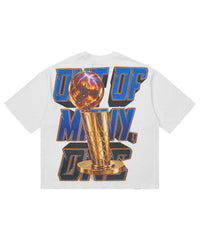 Godspeed Liberty Reigns Tee white, back view with OUT OF MANY, ONE lettering and a gold championship trophy