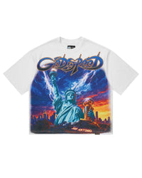 Godspeed Liberty Reigns Tee white, cotton tee with Statue of Liberty and lightning storm graphic, front view