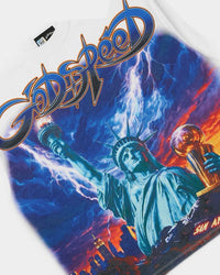 Godspeed Liberty Reigns Tee white, close-up of the chrome-blue Godspeed script and Statue of Liberty graphic