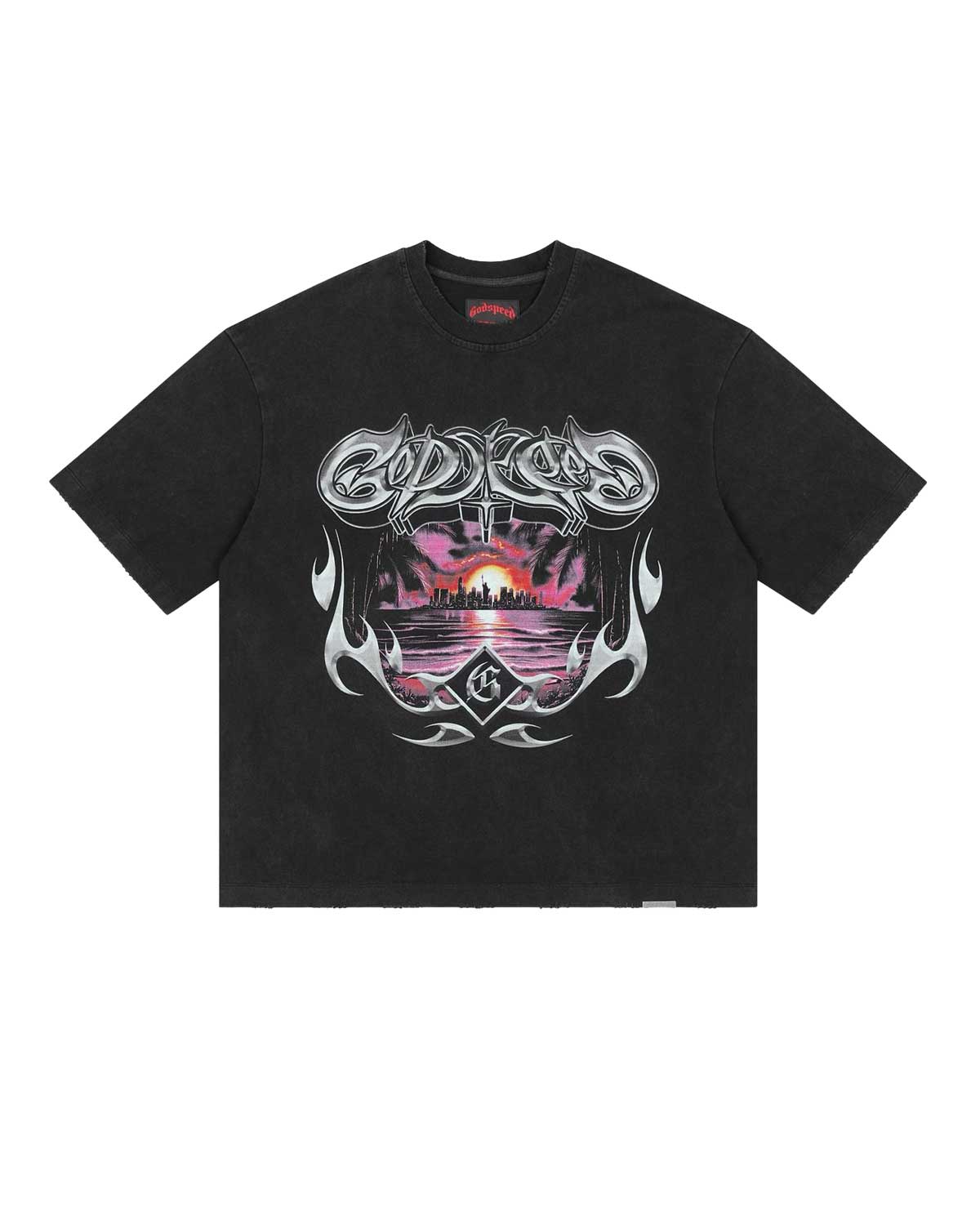 Godspeed Liberty Sunset Tee in black, front view, chrome tribal Godspeed graphic over a magenta sunset city skyline