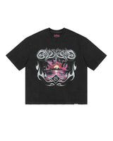 Godspeed Liberty Sunset Tee in black, front view, chrome tribal Godspeed graphic over a magenta sunset city skyline