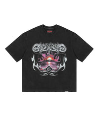 Godspeed Liberty Sunset Tee in black, front view, chrome tribal Godspeed graphic over a magenta sunset city skyline