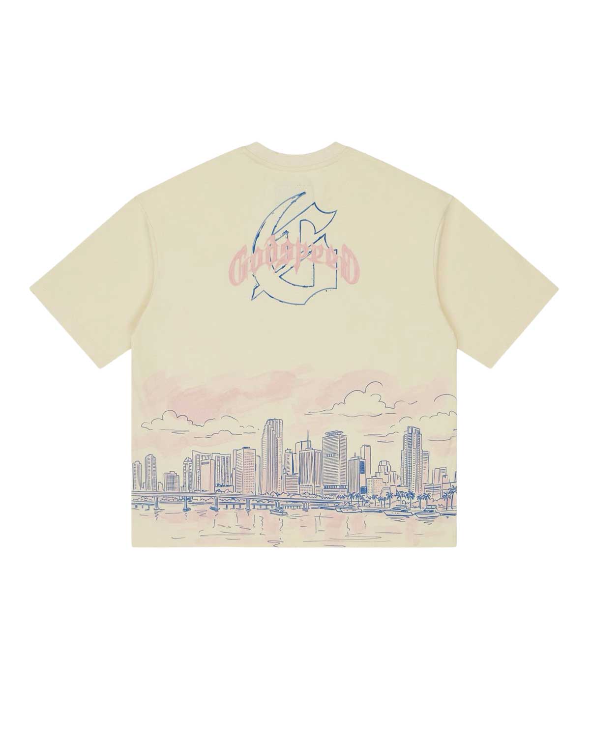 Godspeed Miami Skyline Tee bone, back view with Godspeed script and Miami skyline graphic