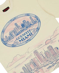 Godspeed Miami Skyline Tee bone, close-up of the Miami skyline print detail