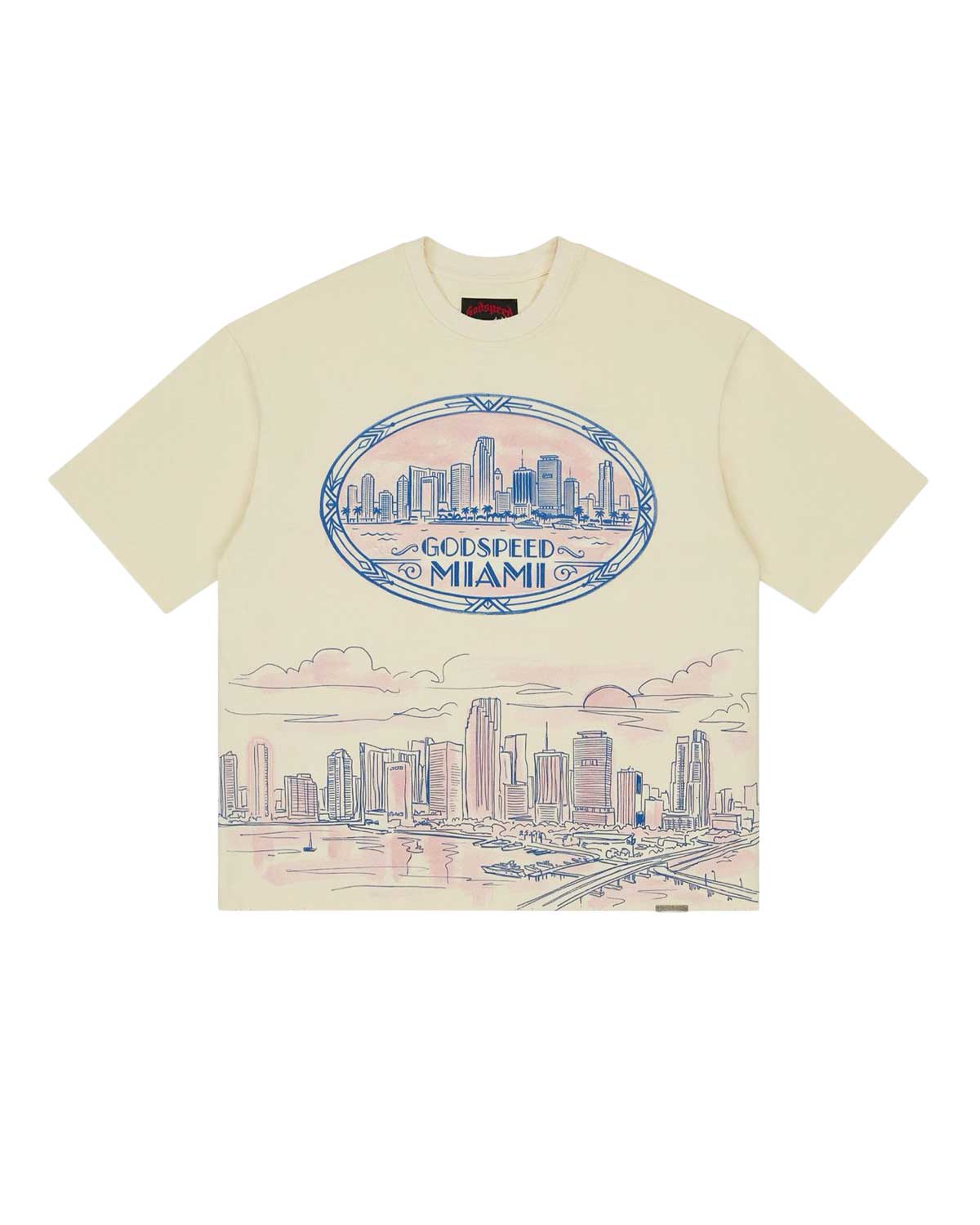 Godspeed Miami Skyline Tee bone, heavyweight tee with blue oval crest and Miami skyline, front view