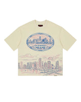 Godspeed Miami Skyline Tee bone, heavyweight tee with blue oval crest and Miami skyline, front view