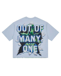 Godspeed Neighborhood Watch Tee blue, back view with OUT OF MANY ONE in chrome lettering bursting through a green glow