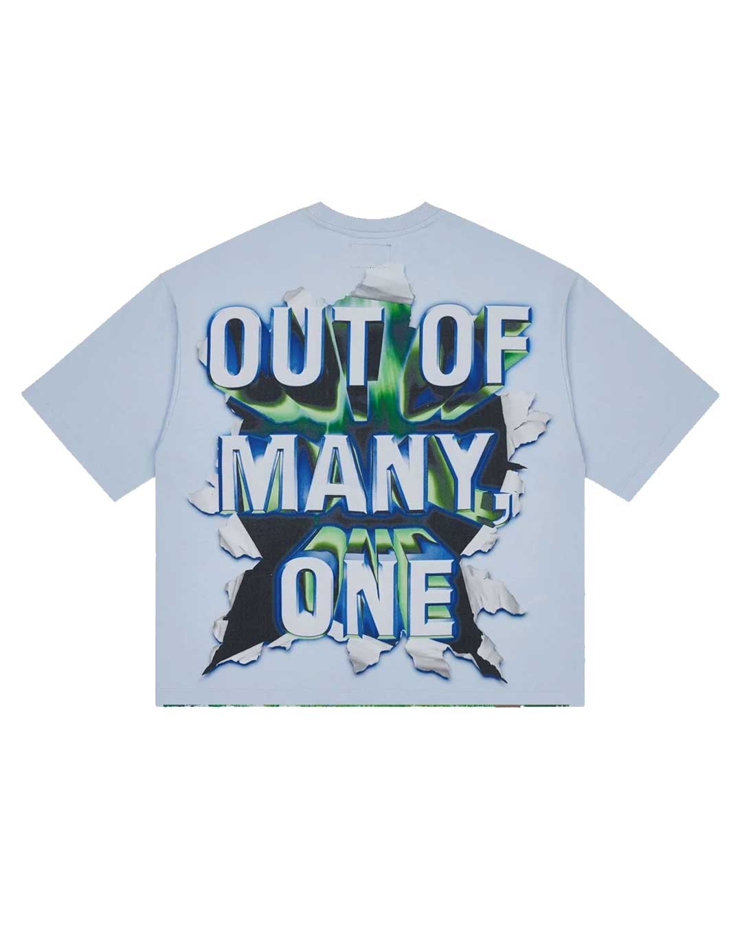 Godspeed Neighborhood Watch Tee blue, back view with OUT OF MANY ONE in chrome lettering bursting through a green glow