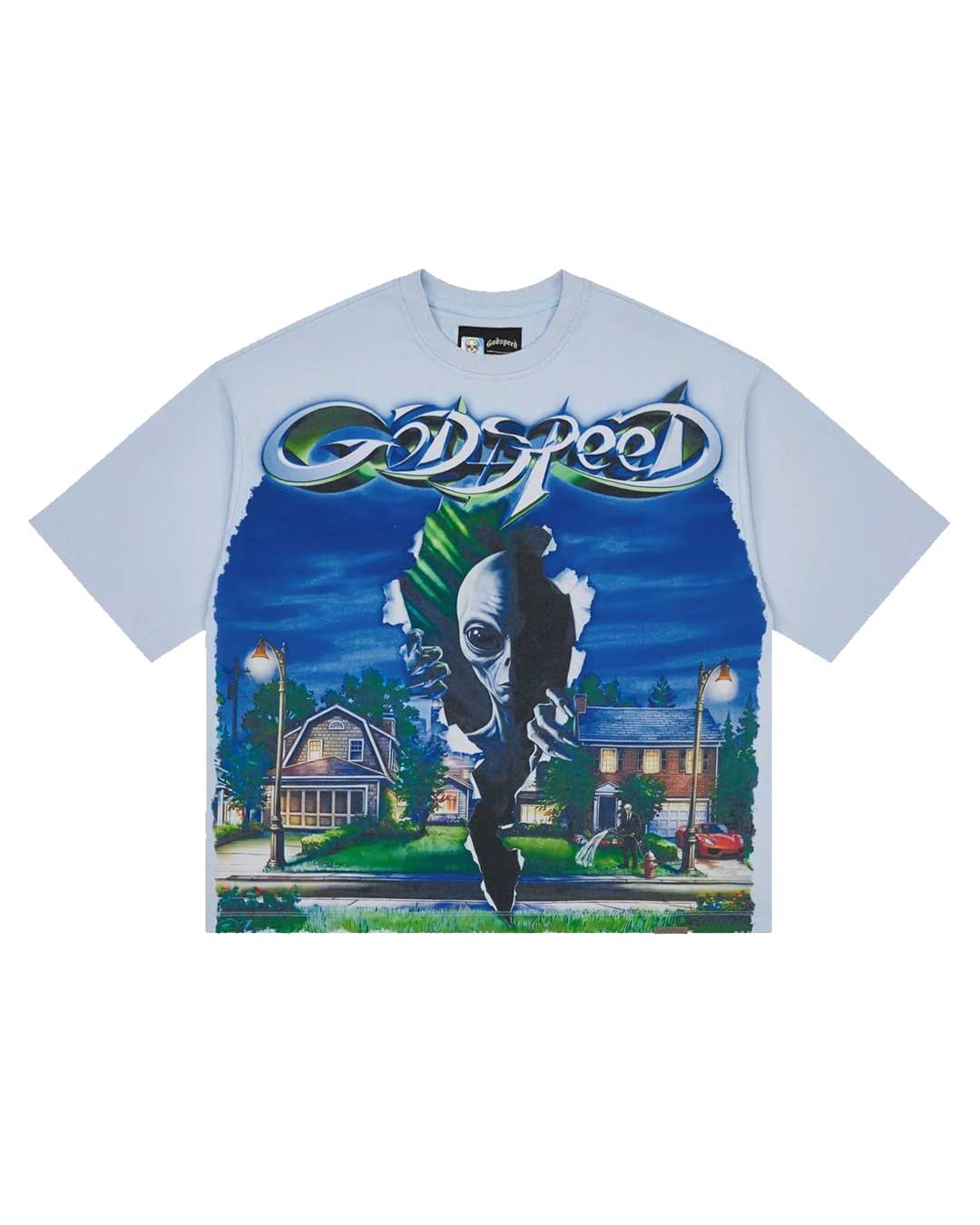 Godspeed Neighborhood Watch Tee blue, cotton tee with an alien tearing through a nighttime suburban street scene, front view