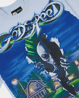 Godspeed Neighborhood Watch Tee blue, close-up of the chrome Godspeed script and airbrushed alien graphic