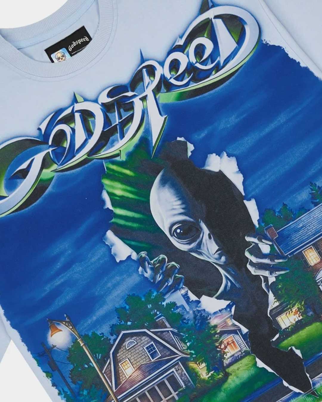 Godspeed Neighborhood Watch Tee blue, close-up of the chrome Godspeed script and airbrushed alien graphic