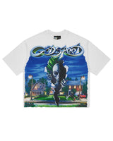 Godspeed Neighborhood Watch Tee white, cotton tee with an alien and suburban night street graphic, front view
