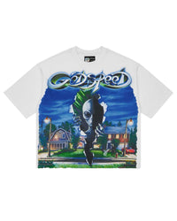 Godspeed Neighborhood Watch Tee white, cotton tee with an alien and suburban night street graphic, front view
