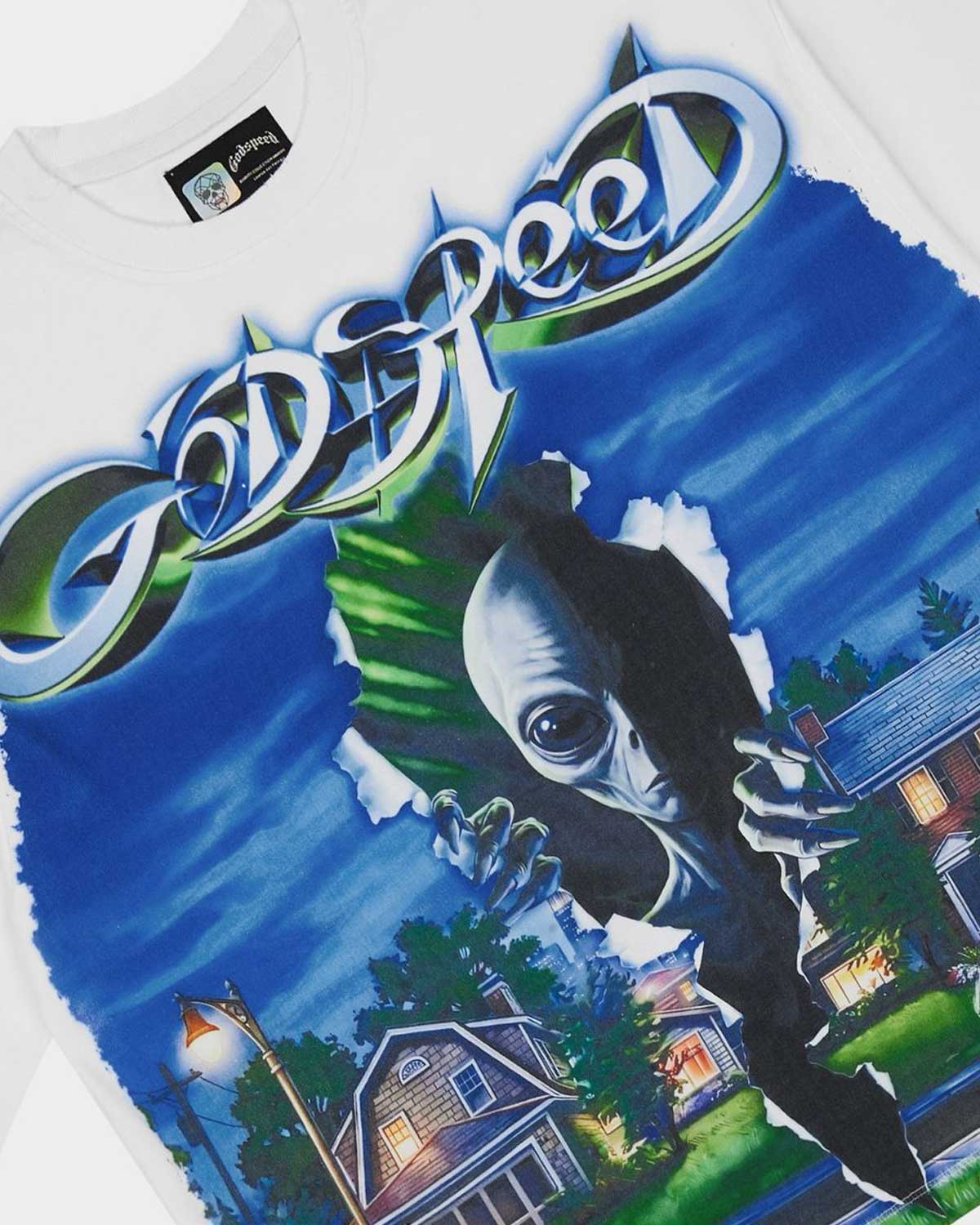 Godspeed Neighborhood Watch Tee white, close-up of the chrome Godspeed script and alien graphic