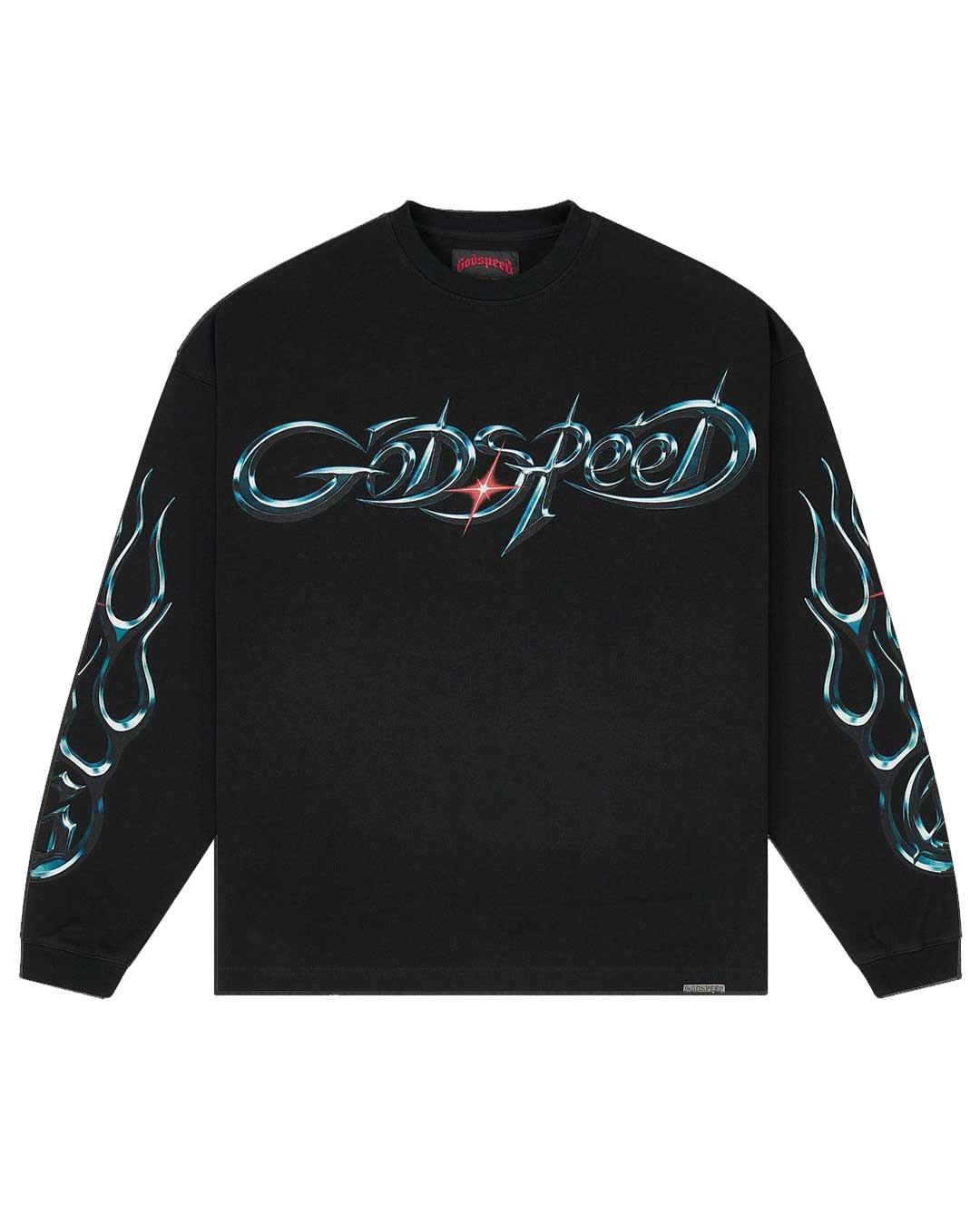 Godspeed New Age Reloaded L/S Tee black, long sleeve with chrome teal Godspeed script and flame-printed sleeves, front view