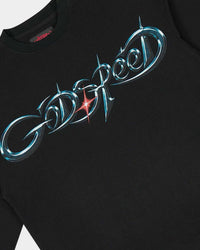 Godspeed New Age Reloaded L/S Tee black, close-up of the chrome teal Godspeed script and red four-point star
