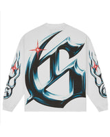 Godspeed New Age Reloaded L/S Tee white, back view with an oversized chrome Gothic G and red sparkle stars