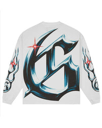 Godspeed New Age Reloaded L/S Tee white, back view with an oversized chrome Gothic G and red sparkle stars