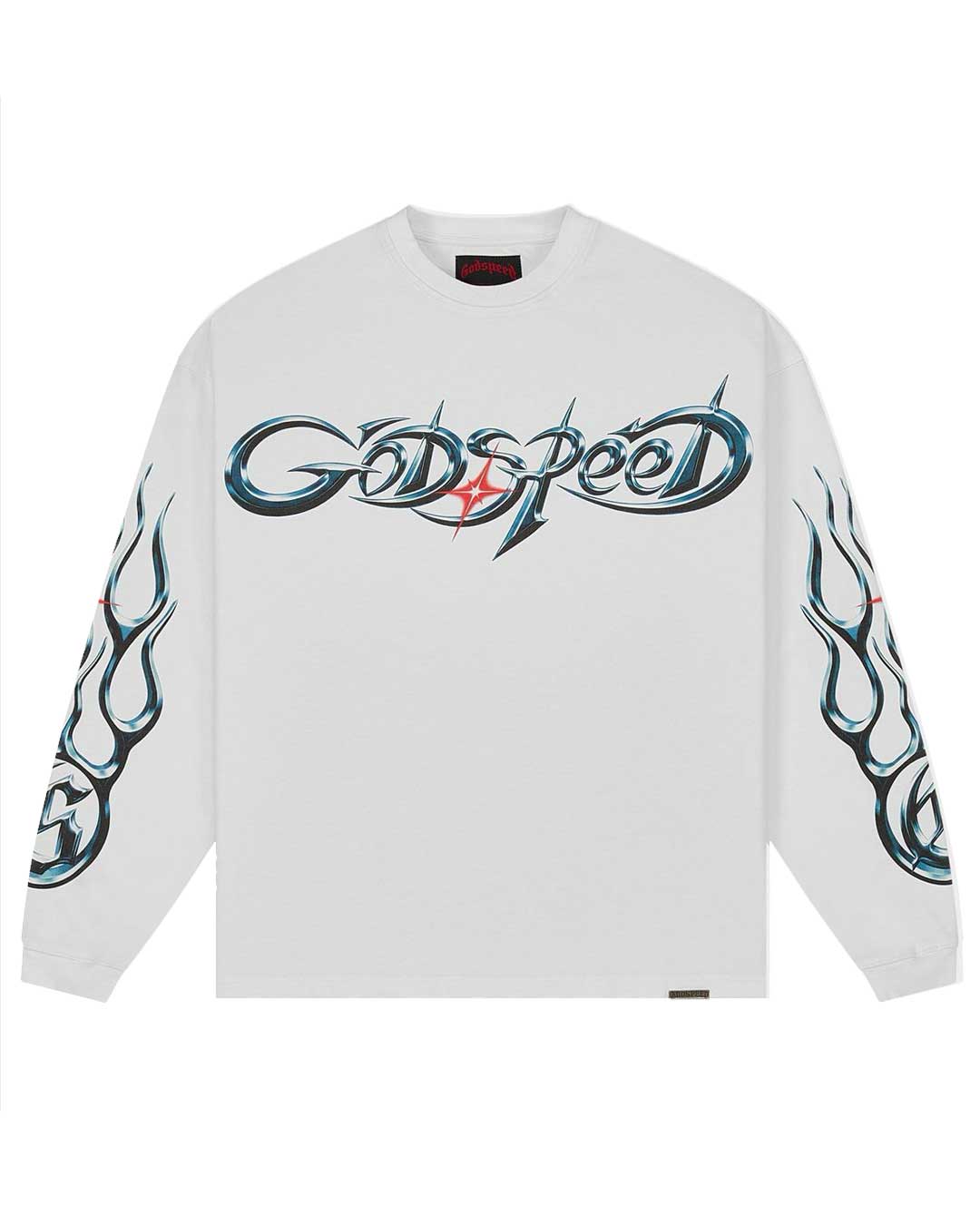 Godspeed New Age Reloaded L/S Tee white, long sleeve with chrome teal Godspeed script and flame-printed sleeves, front view