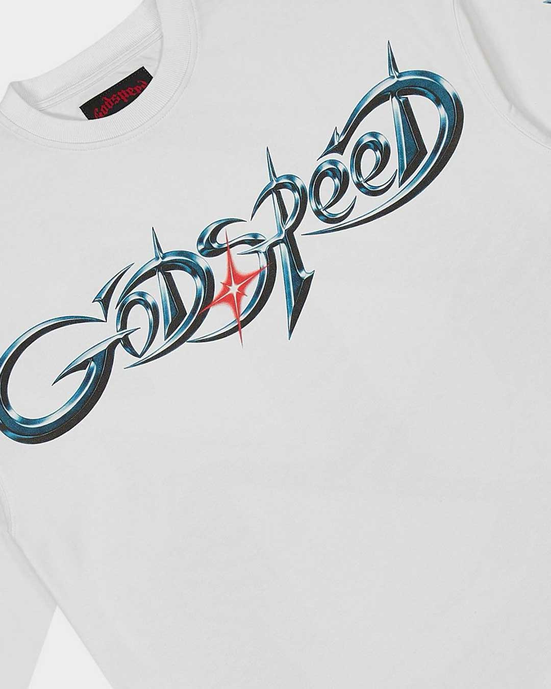 Godspeed New Age Reloaded L/S Tee white, close-up of the chrome teal Godspeed script and red four-point star