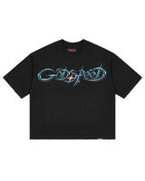 Godspeed New Age Reloaded Tee Black, black cotton tee with a chrome airbrushed Godspeed wordmark and star flare, front view