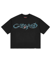 Godspeed New Age Reloaded Tee Black, black cotton tee with a chrome airbrushed Godspeed wordmark and star flare, front view