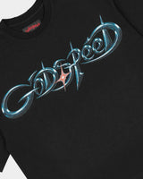 Godspeed New Age Reloaded Tee Black, angled front view showing the boxy cut and raw hem
