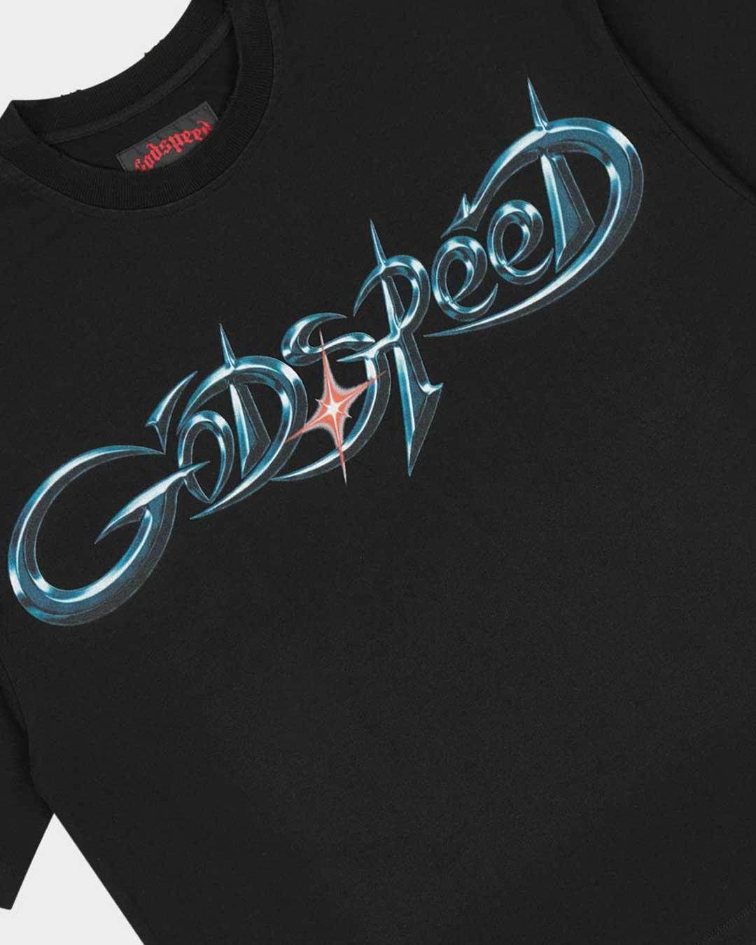 Godspeed New Age Reloaded Tee Black, angled front view showing the boxy cut and raw hem