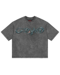 Godspeed New Age Reloaded Tee Grey Wash, mineral-washed grey cotton tee with a chrome airbrushed Godspeed wordmark and star flare, front view
