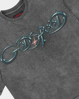 Godspeed New Age Reloaded Tee Grey Wash, angled side view showing the boxy cut and raw hem