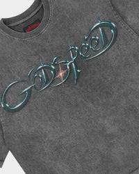 Godspeed New Age Reloaded Tee Grey Wash, angled side view showing the boxy cut and raw hem