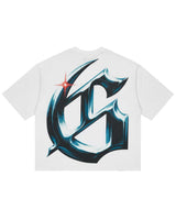 Godspeed New Age Reloaded Tee White, back view showing the oversized chrome gothic G monogram